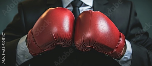 Cropped businessman wearing boxing gloves, ready for a corporate battle. © 2rogan