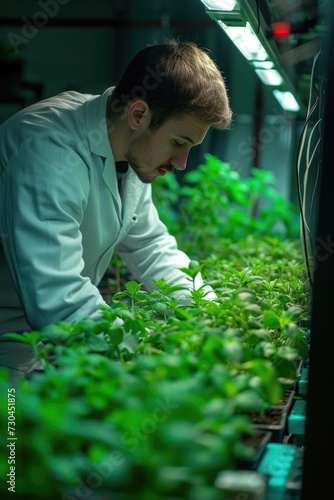 a scientist is using his computer to plant vegetables, in the style of natural lighting