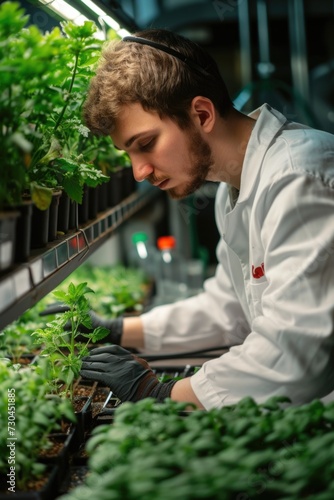 a scientist is using his computer to plant vegetables, in the style of natural lighting