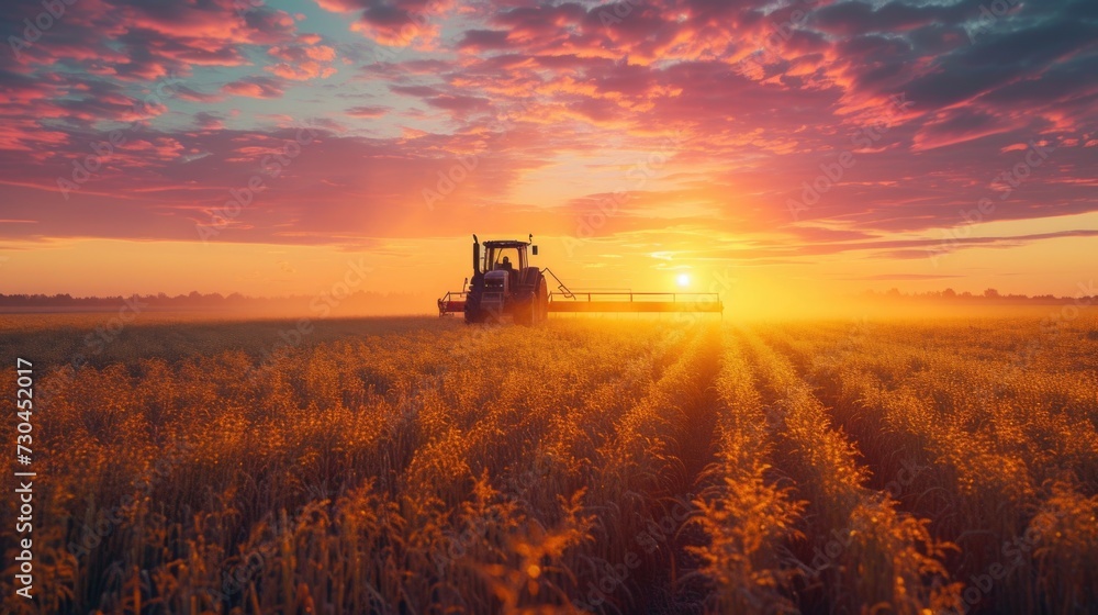 modern farm machinery in a fresh field at sunrise