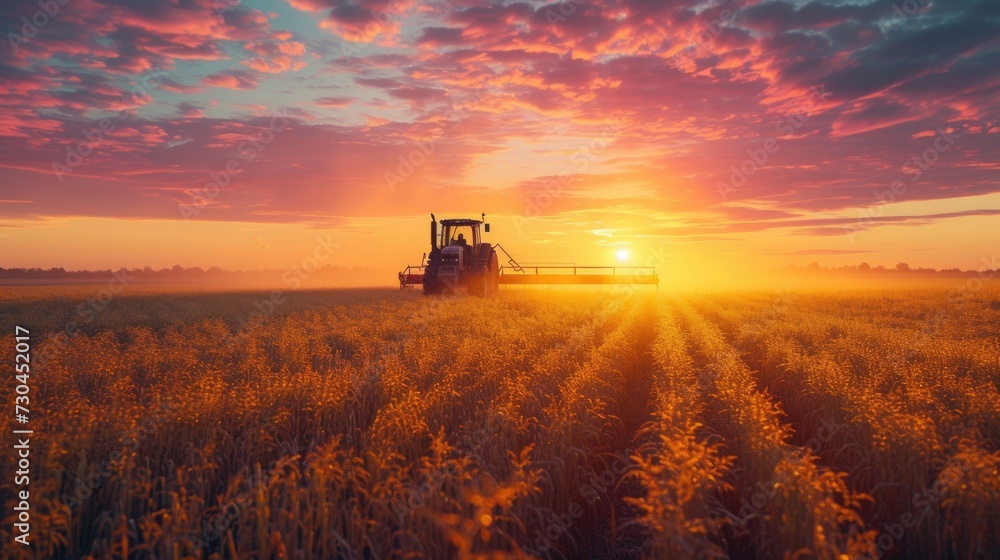 Fototapeta premium modern farm machinery in a fresh field at sunrise