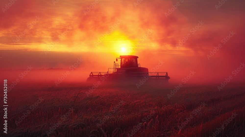 Fototapeta premium modern farm machinery in a fresh field at sunrise