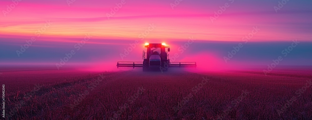 Fototapeta premium modern farm machinery in a fresh field at sunrise