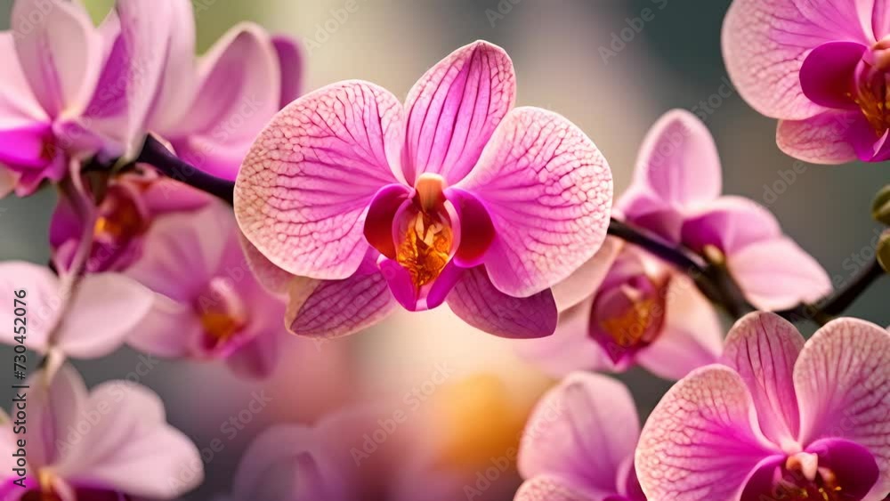 A row of Phalaenopsis orchids, each with purple petals and a yellow center, bathed in the soft light of the morning sun.
A row of Phalaenopsis orchids, each with purple petals and a yellow center, bathed in the soft light of the morning sun.