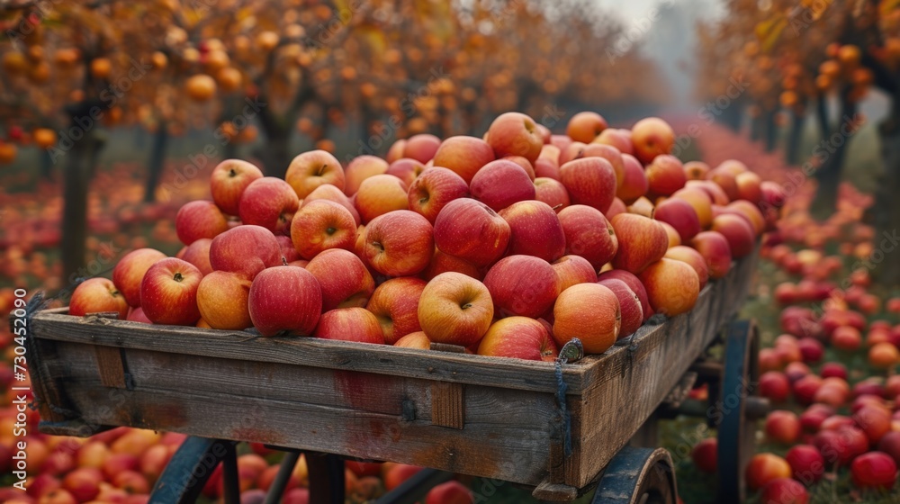 in an apple orchard with a cart full of apples, in the style of light red and light amber, precisionism influence in an apple orchard with a cart full of apples, in the style of light red and light amber, precisionism influence