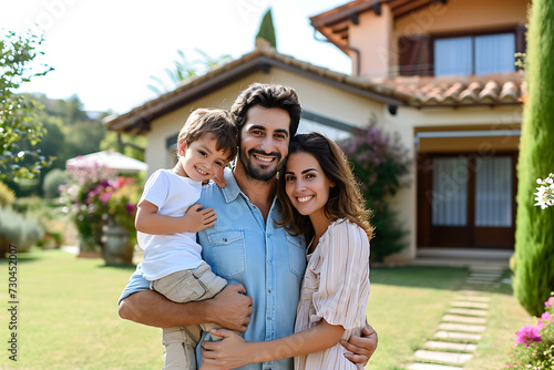 Una familia de 3   en frente de su casa felices  sonriendo