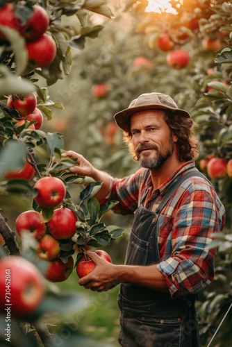 a farmer in the field picking apples, in the style of light red and amber