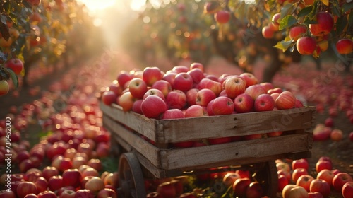 in an apple orchard with a cart full of apples  in the style of light red and light amber  precisionism influence