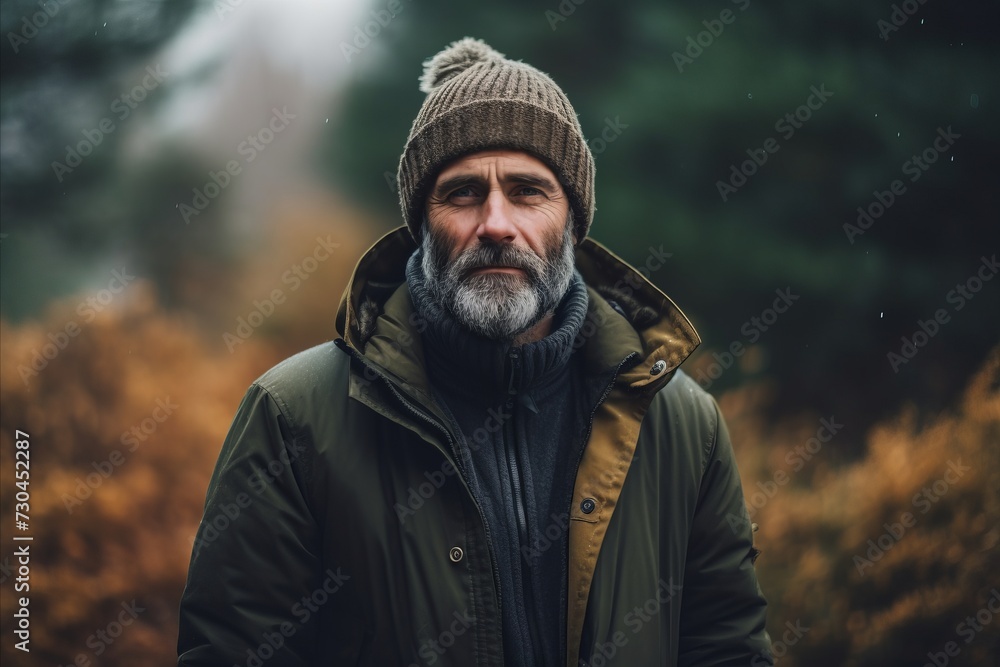 Portrait of a bearded man in a warm jacket and hat in the autumn forest.