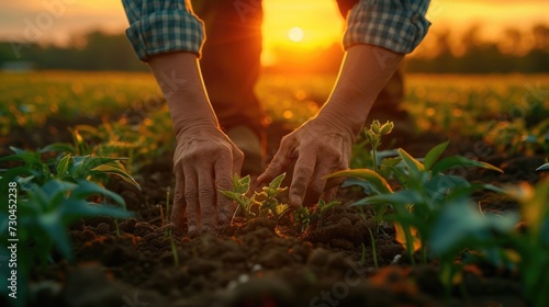 person tending an agricultural field at sunset, green academia