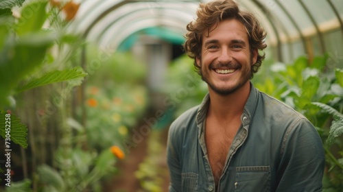 a man smiling while standing near rows of vegetables, in the style of eco-architecture