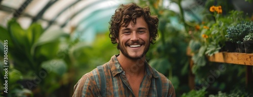 a man smiling while standing near rows of vegetables, in the style of eco-architecture