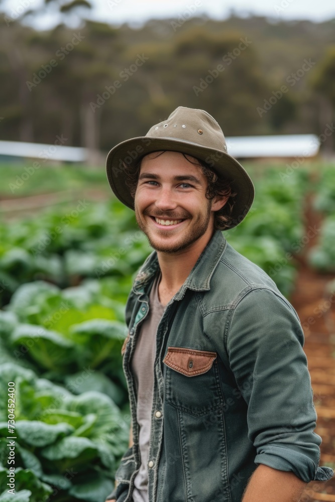 Joyful Gardener: A Man Smiles Among Eco-Architecture's Verdant Vegetable Rows.