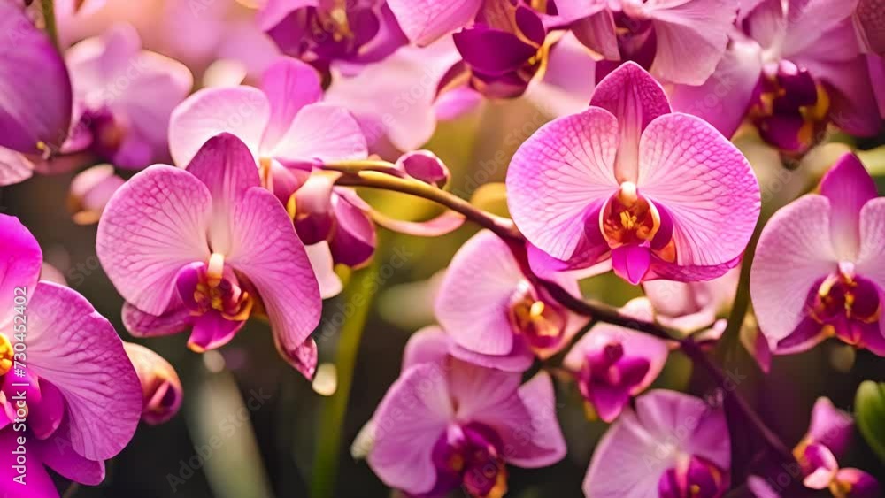 A row of Phalaenopsis orchids, each with purple petals and a yellow center, bathed in the soft light of the morning sun.
A row of Phalaenopsis orchids, each with purple petals and a yellow center, bathed in the soft light of the morning sun.