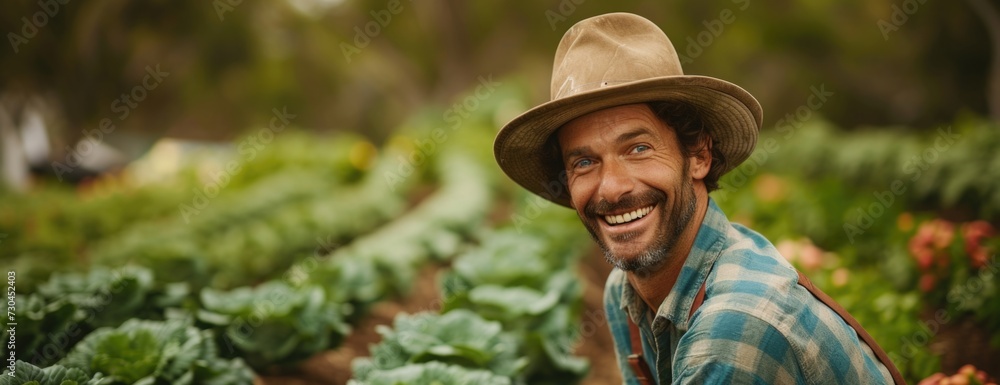 Green Thumb Bliss: Smiling Man Standing in Sustainable Vegetable Garden Oasis.