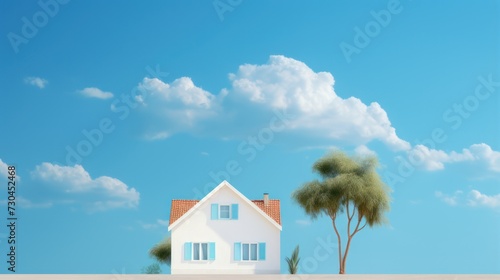 Family home, Real estate property business with a photo of a modern minimalist house, with a bright blue sky background, copy space background wallpaper.