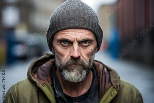 Portrait of a bearded man with a gray beard and mustache in the city © Loli