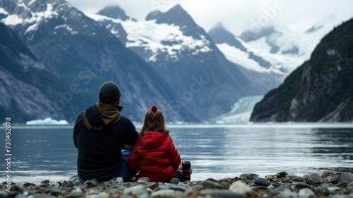 a young girl and father taking photographs near glacier bay in alaska, 