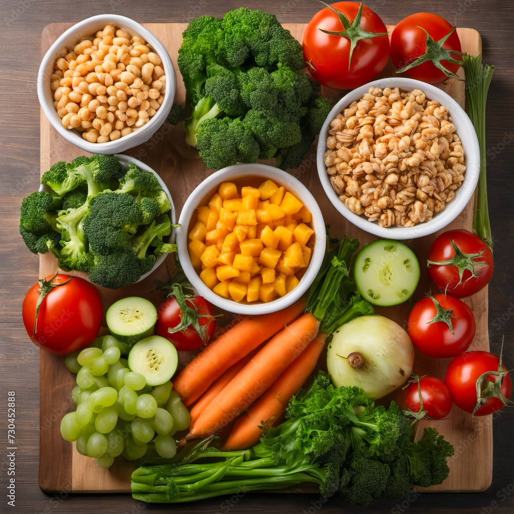 Healthy food composed of fruits and vegetables on a wooden table Healthy food composed of fruits and vegetables on a wooden table