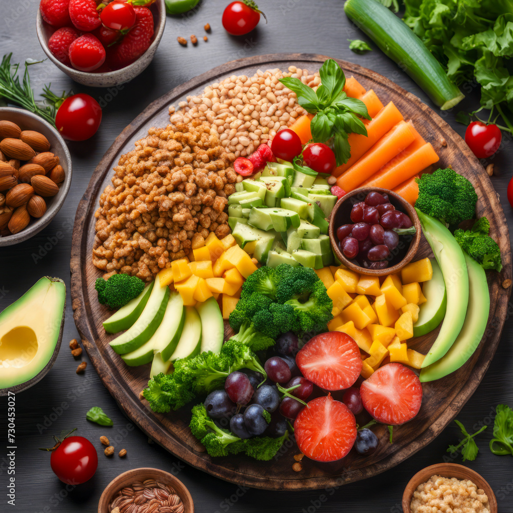 Healthy food composed of fruits and vegetables on a wooden table Healthy food composed of fruits and vegetables on a wooden table
