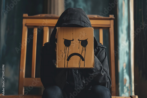 Una persona sentado  con emoji de cartón molesto y llorando  en la cabeza  photo