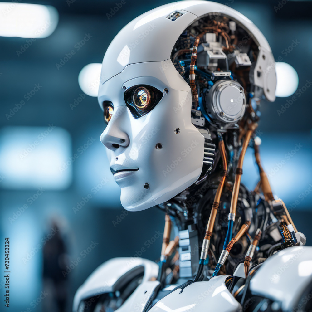 Fototapeta premium close up of an humanoid robot showing the artificial intelligence power