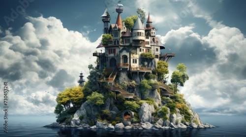 Illustration of a fantasy world old castle house on lake water.