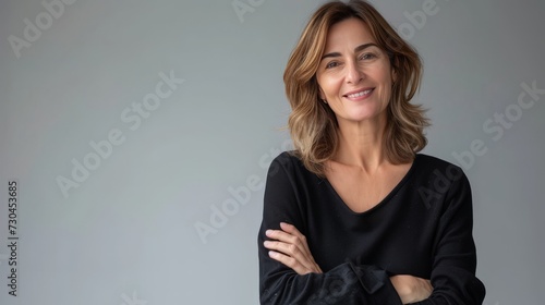 Portrait of handsome smiling 40 year old female business woman with folded arms copy space photo