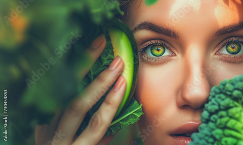 Go vegan, portrait of a woman with eyes, concept nature green photo
