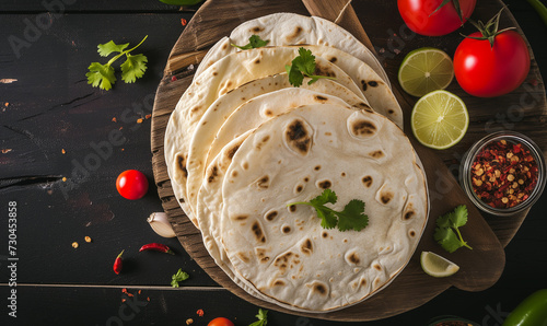Stack of Fresh Homemade Tortillas on Wooden Board, Traditional Mexican Cuisine photo