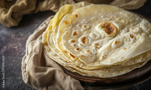 Stack of Fresh Homemade Tortillas on Wooden Board, Traditional Mexican Cuisine photo
