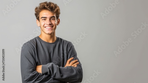Portrait of handsome smiling young man with folded arms, copy space
