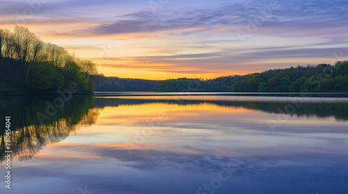 A tranquil lake reflecting the colors of a serene April sunrise, promising a day of beauty and serenity