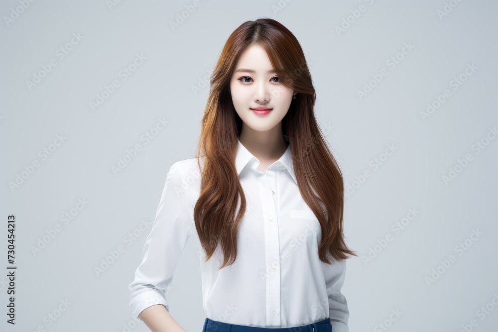Young Asian woman, clad in a white shirt, stands before a white backdrop with her beautiful straight hair, exuding confidence with her smile. Generative AI. Young Asian woman, clad in a white shirt, stands before a white backdrop with her beautiful straight hair, exuding confidence with her smile. Generative AI.