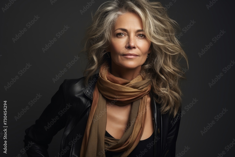 Portrait of a beautiful middle-aged woman in a leather jacket and scarf.