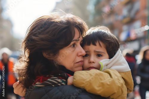 Madre  cargada su hija ambos con una mirada triste 