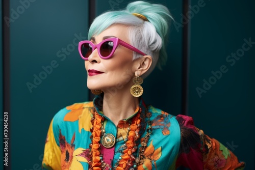 Fashionable woman in colorful clothes and sunglasses. Beauty, fashion.