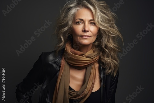 Portrait of a beautiful middle-aged woman in a leather jacket and scarf.