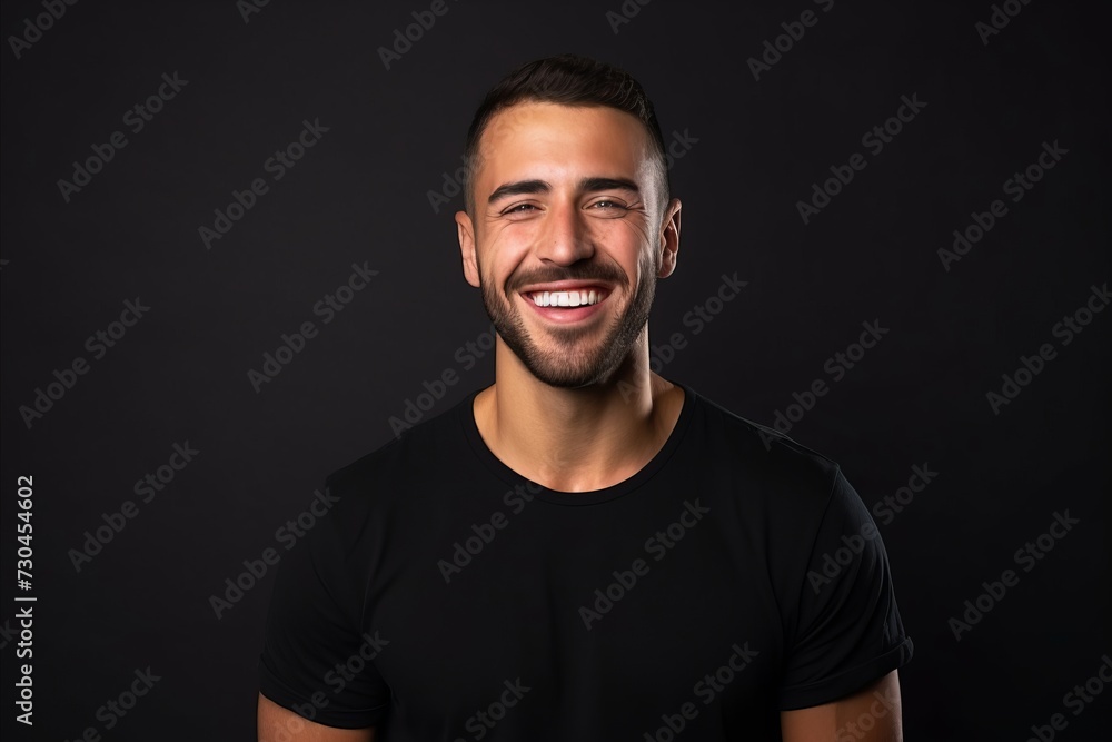 Portrait of a handsome young man smiling and looking at camera on black background Portrait of a handsome young man smiling and looking at camera on black background