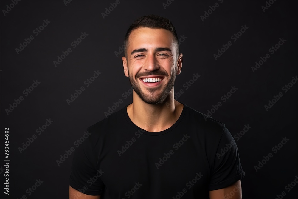 Portrait of a handsome young man smiling and looking at camera on black background