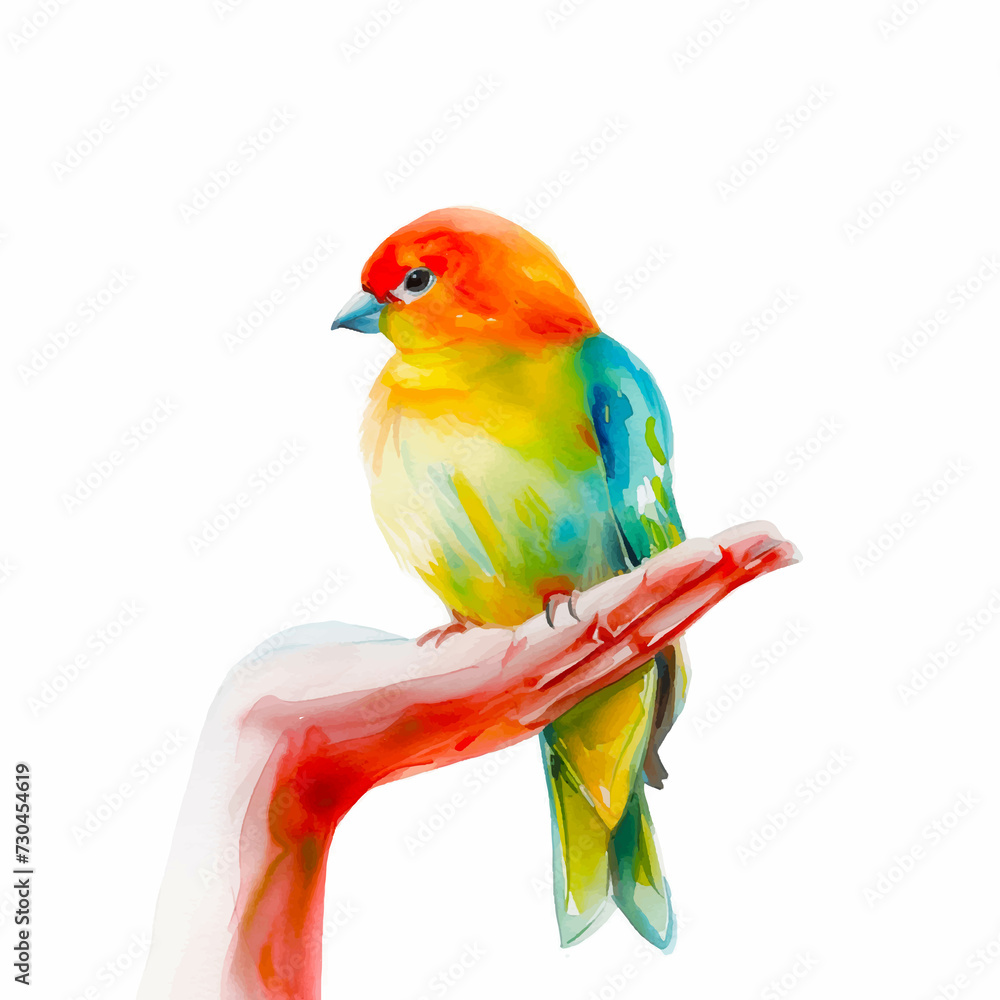 Painting of a bird standing on the hand Painting of a bird standing on the hand