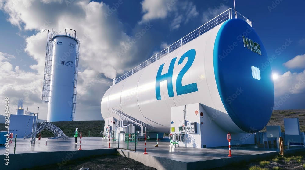 A modern hydrogen energy storage facility with a wind turbine in the background, set in a scenic mountain landscape. A modern hydrogen energy storage facility with a wind turbine in the background, set in a scenic mountain landscape.