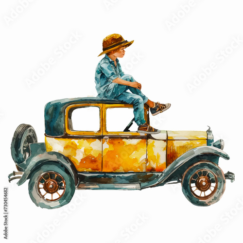 Painting of a little boy sitting on top of a retro car