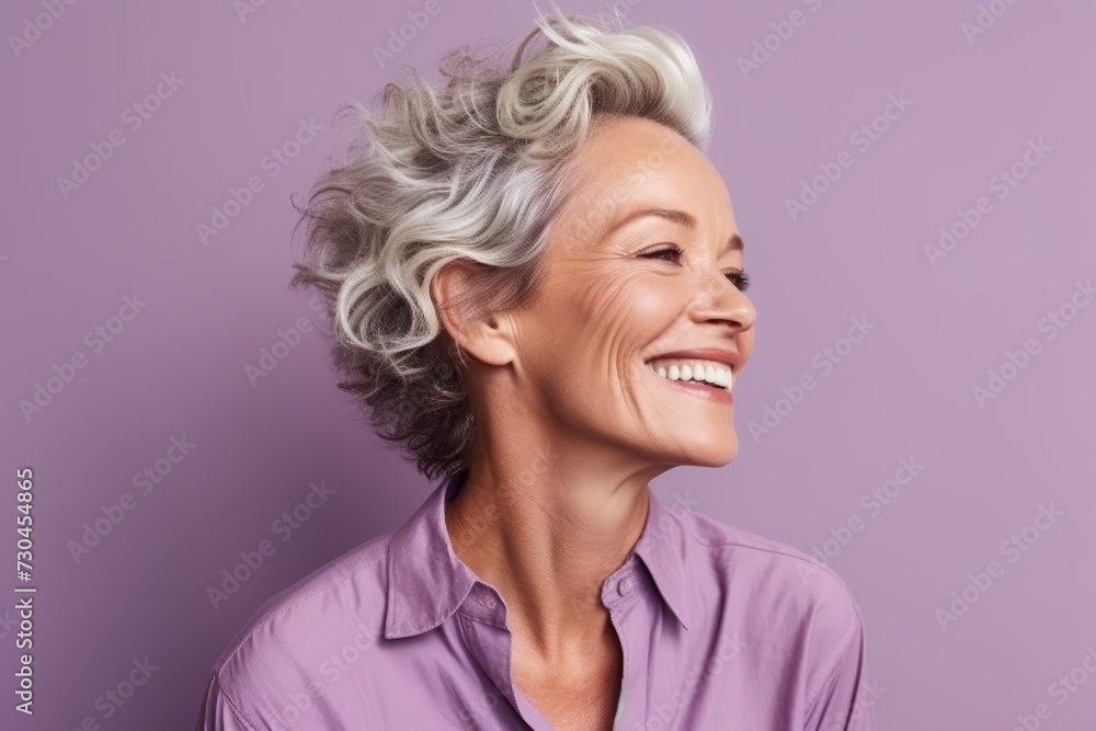 Portrait of a smiling senior woman looking away over purple background.