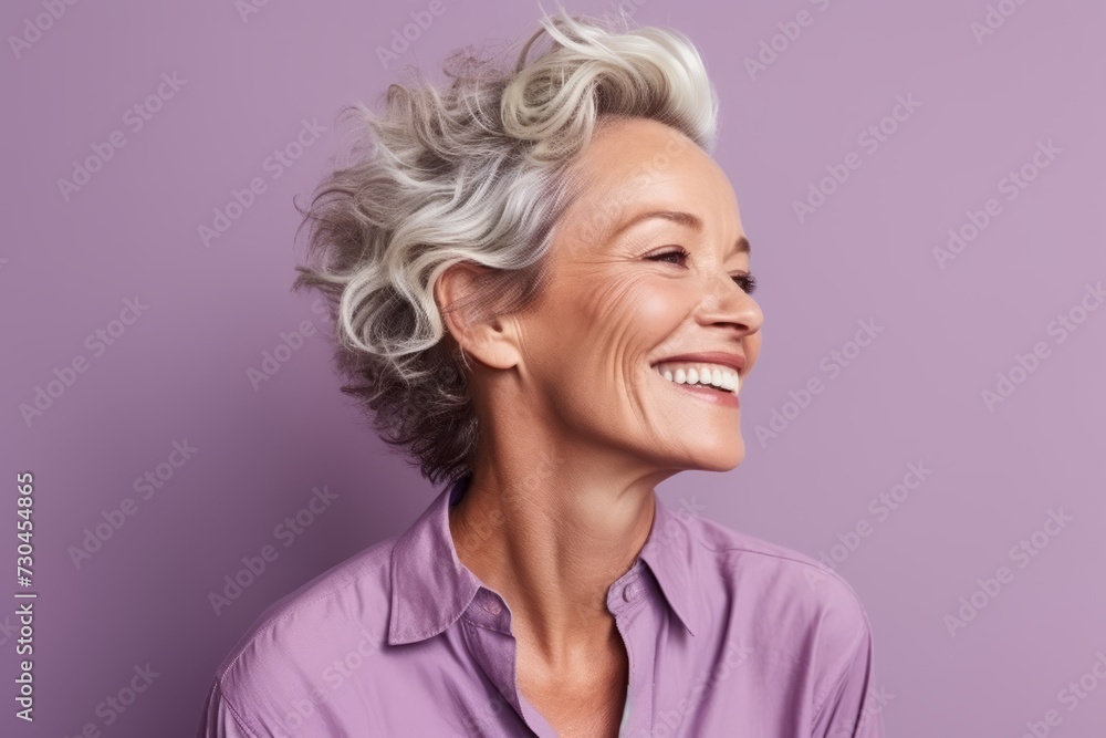 Portrait of a smiling senior woman looking away over purple background. Portrait of a smiling senior woman looking away over purple background.