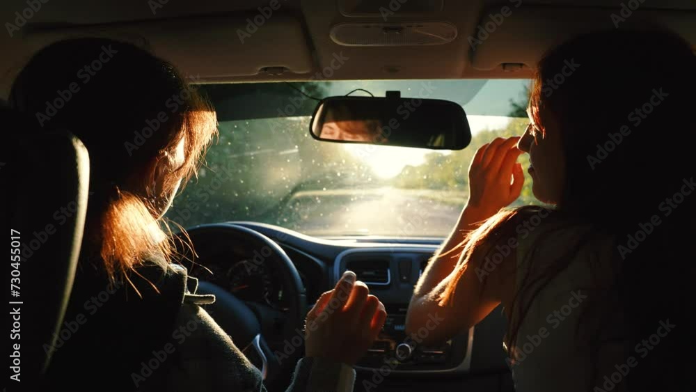 Two Happy Redhead Young Female Friends Dancing Having Fun Driving Car