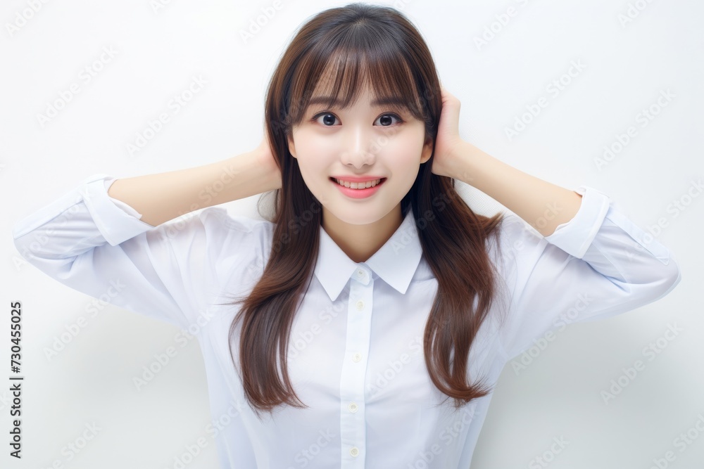 Confident Asian intern stands in white shirt against white backdrop, exuding promise. Generative AI. Confident Asian intern stands in white shirt against white backdrop, exuding promise. Generative AI.