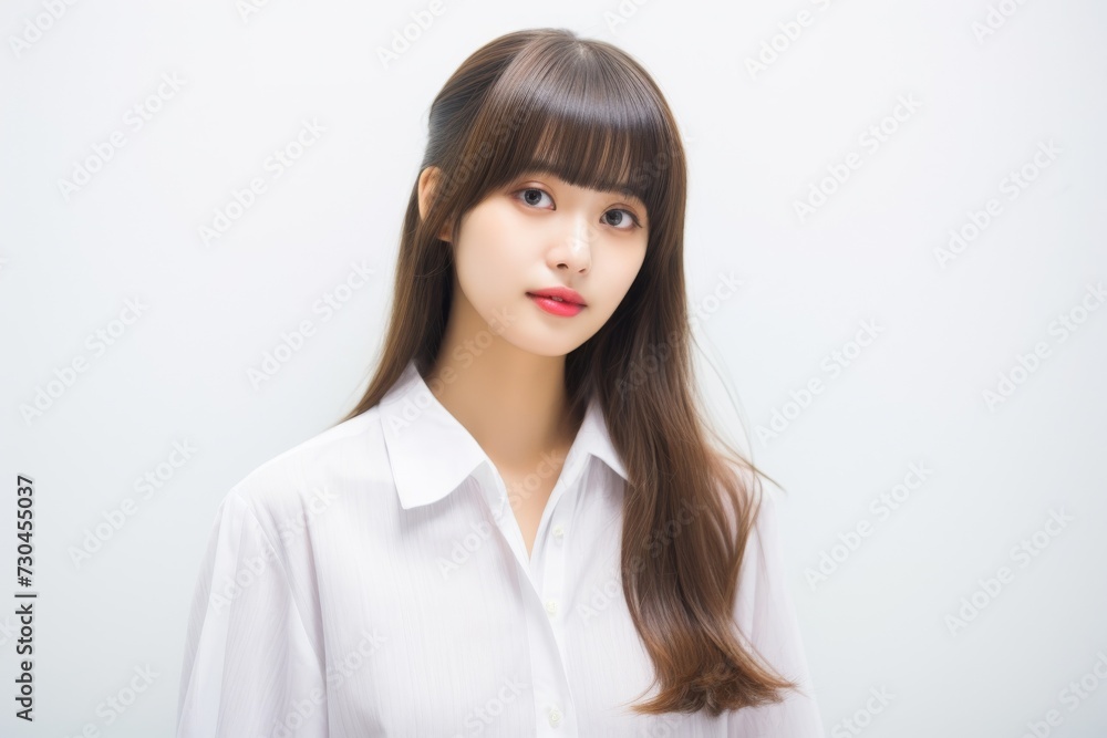 Confident Asian intern stands in white shirt against white backdrop, exuding promise. Generative AI.