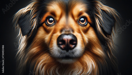 Large horizontal image of a dog, favoring photorealistic detail and texture. The image depicts the dog as realistically as possible, paying special attention to conveying its distinctive features and 