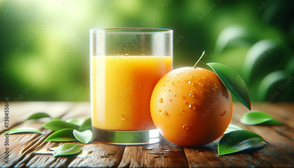 Close-up of a glass of orange juice with dew drops on the outside, next to a whole orange with leaves attached on a natural wood surface. The background is soft greenery, emphasizing the freshness and Close-up of a glass of orange juice with dew drops on the outside, next to a whole orange with leaves attached on a natural wood surface. The background is soft greenery, emphasizing the freshness and